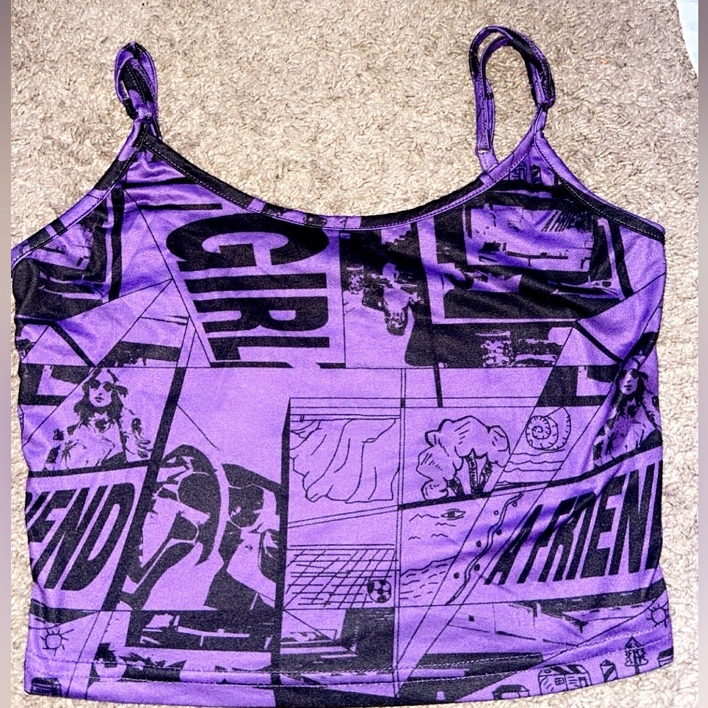 purple graphic crop top barley worn